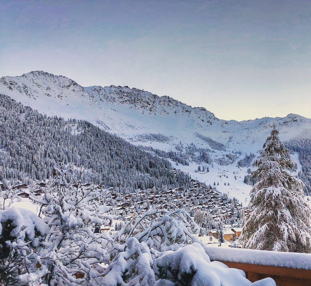 Early season snow in Verbier seen from a chalet overlooking the popular ski resort