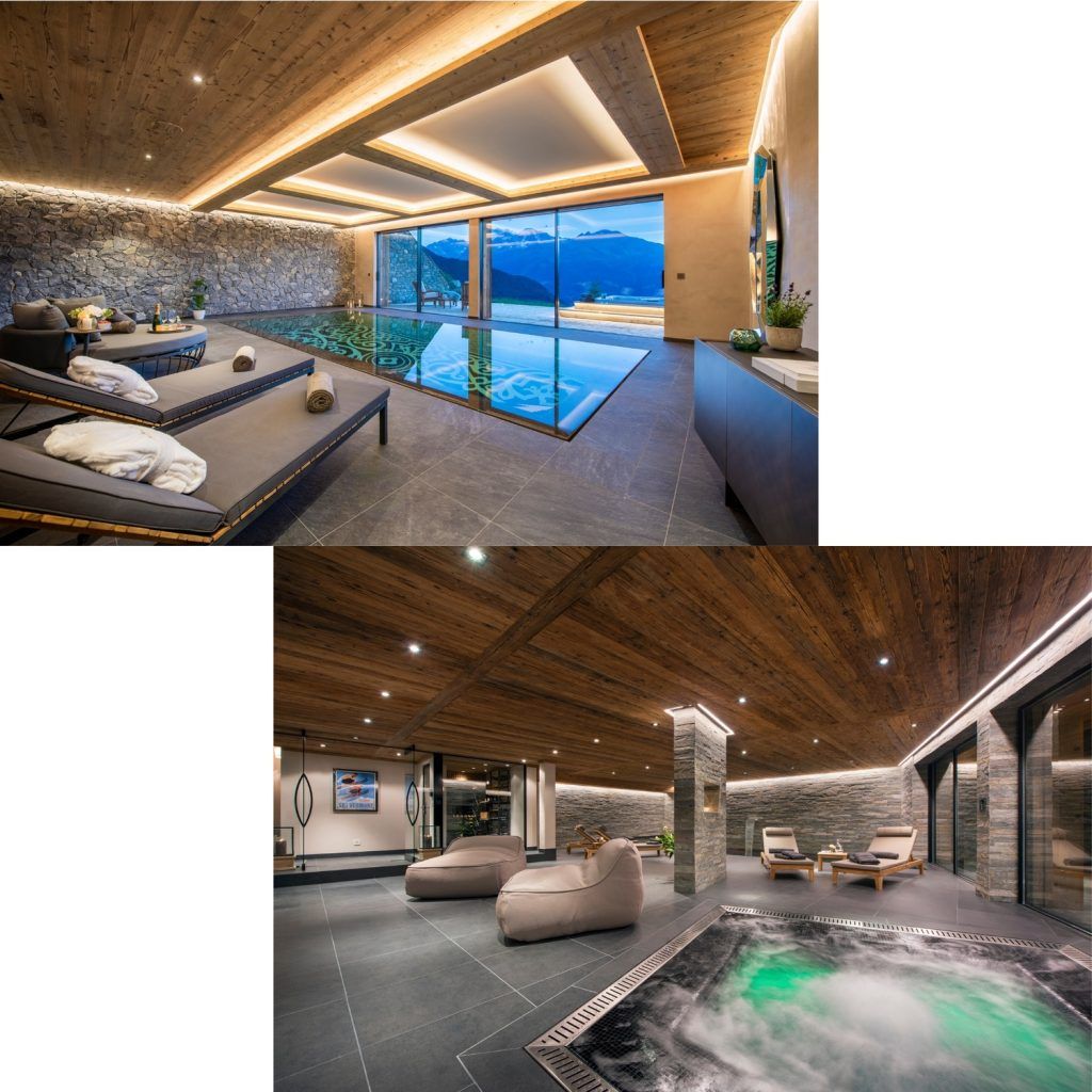 Chalet facilities images including Calima pool and Sirocco spa